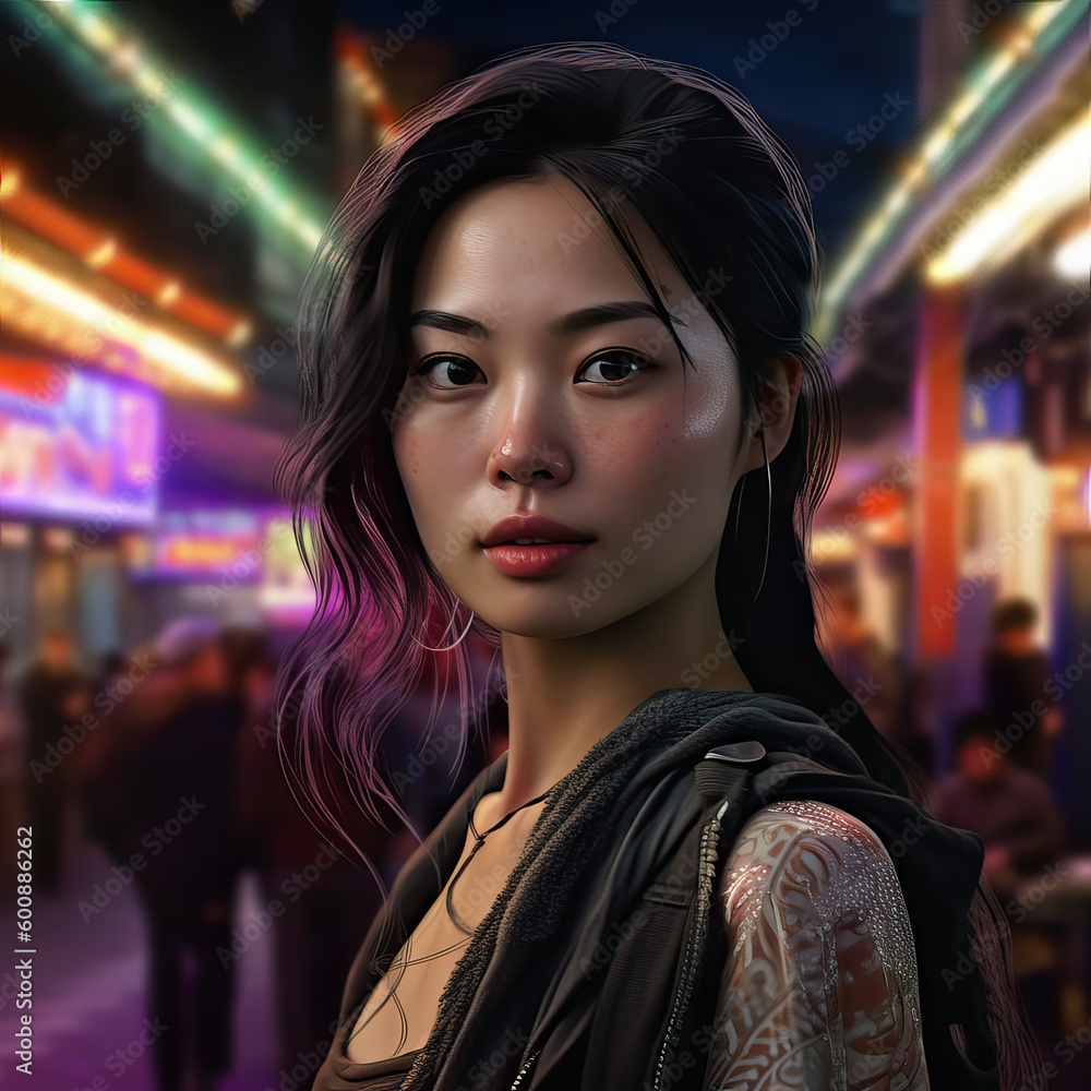 Beautiful asian woman standing on a busy city street with iridescent neon lights, Generative AI portrait
