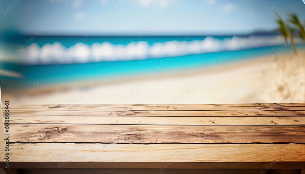 Empty wooden table for product display and background of a beach, copy space, Generative AI