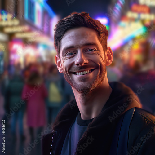 Handsome man standing on a busy city street with iridescent neon lights, Generative AI portrait