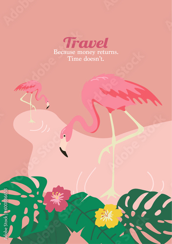 Flamingos in tropical leaves art on the pink background.