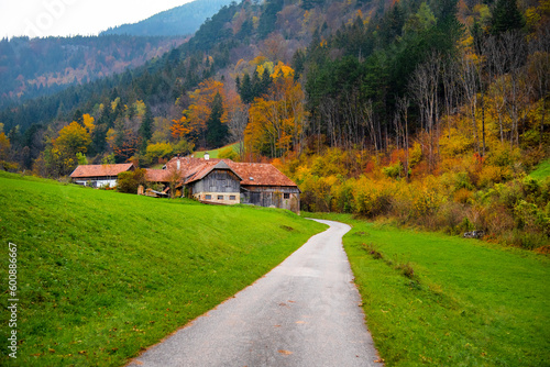 Traditional Austrian country farm house in the autumn alps mountains