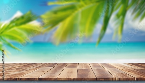 Empty wooden table for product display and background of a beach, copy space, Generative AI