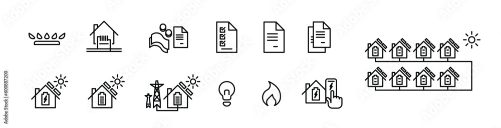 Home energy technology and home automation line icons energy efficiency and energy sharing energy communities illustration