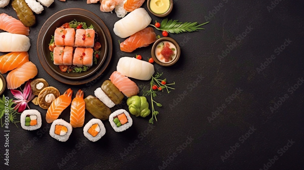Selicious Sushi rolls set with rice and fish, soy sauce on a dark stone background. Top view, copy paste space. AI generated Selicious Sushi rolls set with rice and fish, soy sauce on a dark stone background. Top view, copy paste space. AI generated