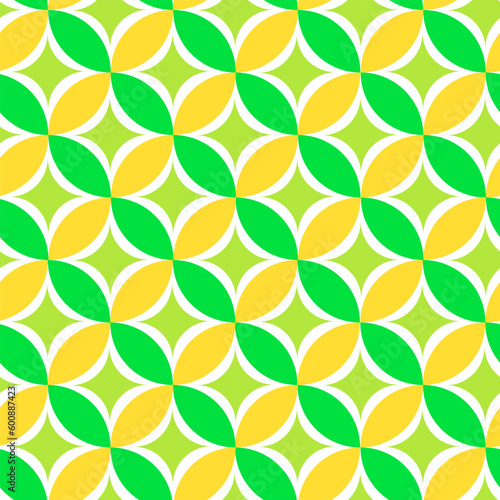 Mid century modern starbursts on green and yellow circles leaves seamless pattern. for home decor, wallpaper, fabric and textile. © yasminepatterns