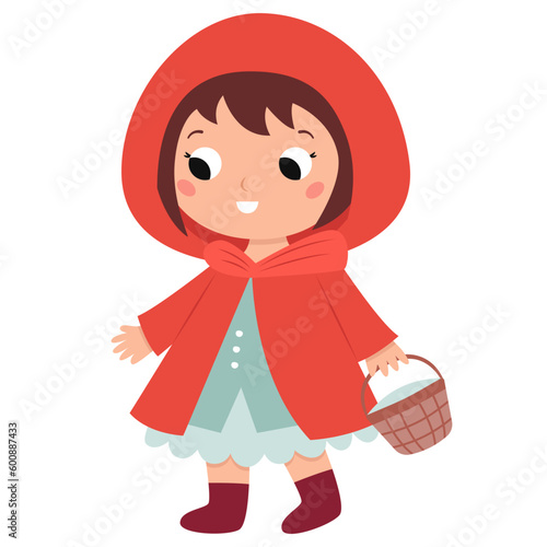 Little Red Riding Hood with basket on white background. Cartoon character. Girl for children fairy tale book. Flat style. Vector illustration.