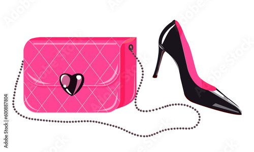 Fashionable women s leather pink bag with high heel shoe isolated on white background