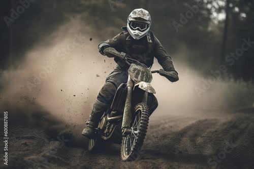 Motorcycle rider driving on the mountains and further down the off-road track. Man riding sport touring motorcycle on dirt field. A biker doing motocross as a sport. Generative AI