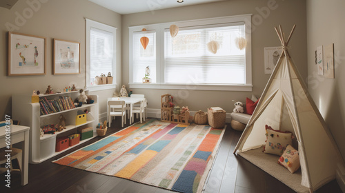 Clean and orderly kids' room with designated play zones Generative AI photo