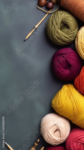 Banner background with yarn for knitting and instruments. Top view. Wool yarn background with copy space place. Ai generated