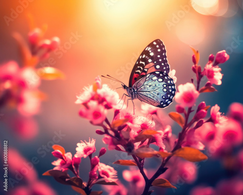 Nature background with flowers and butterfly in spring morning. Generative AI