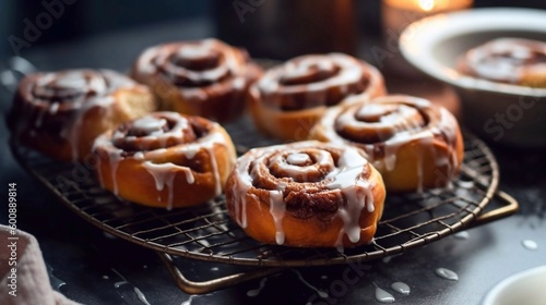 Close-up of cinnamon buns  on Cooling Rack, drizzled with icing, created with generative ai. Cinnamon rolls or Cinnamon buns photo
