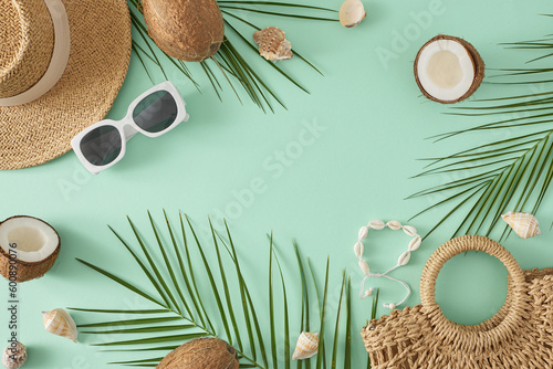 Summer trend concept. Top view flat lay of stylish bag, sunhat, shell bracelet, sunglasses, coconuts and palm leaves on turquoise background with empty space for text or advert