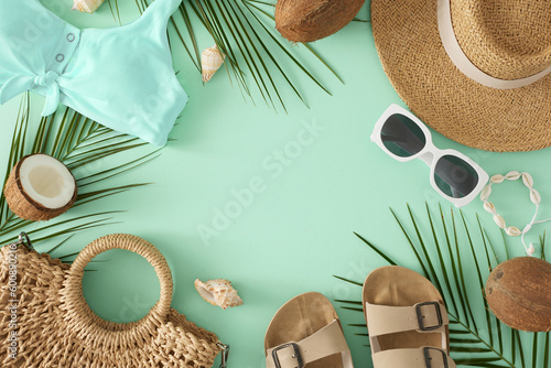 Trendy summer concept. Top view flat lay of teal swimsuit, stylish bag, sunhat, flip-flops, sunglasses, coconut, palm leaves and seashells on turquoise background with space for text or advert