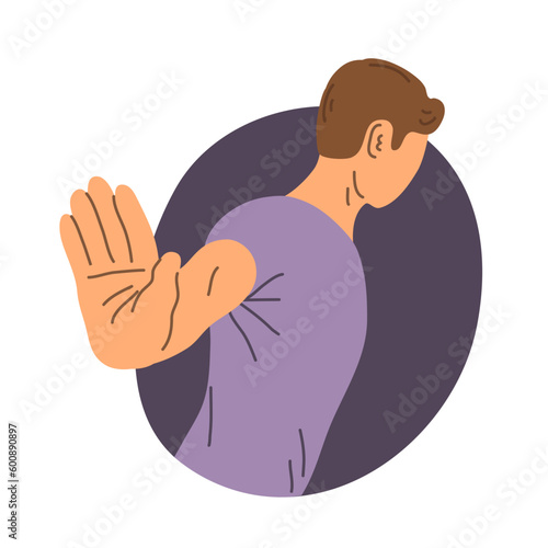 Young man resolutely refuses. Stop hand gesture. Hate, reject and respond. Human negative emotion. Cartoon vector illustration isolated on white background