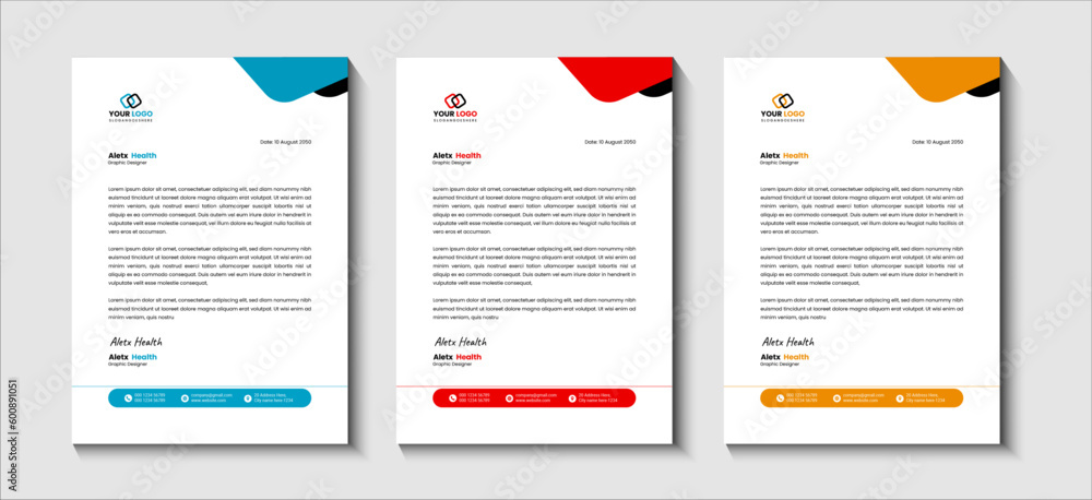  Professional corporate company business letterhead template design for your business. It has 3 color variation and It is very unique and creative for you.
