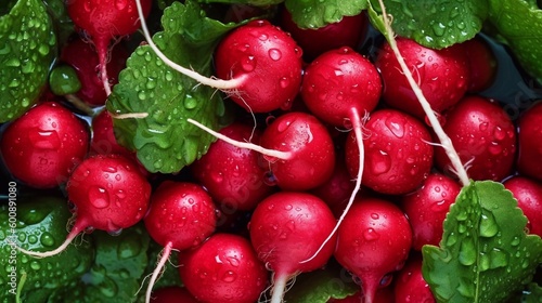 Freshly harvested red radishes with water drops, background. Fresh organic radish bunch. Top view, AI generated