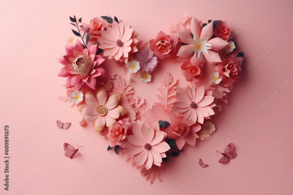greeting card in the shape of a pink heart. paper flowers for mother's day, March 8, birthday, wedding. AI generative