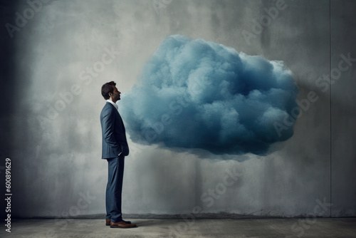a cloud near the head of a man in a blue business suit. art, minimalism, dark sky. surreal art. AI generative