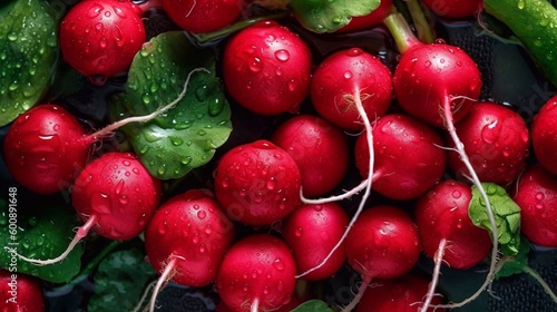 Fényképezés Freshly harvested red radishes, background