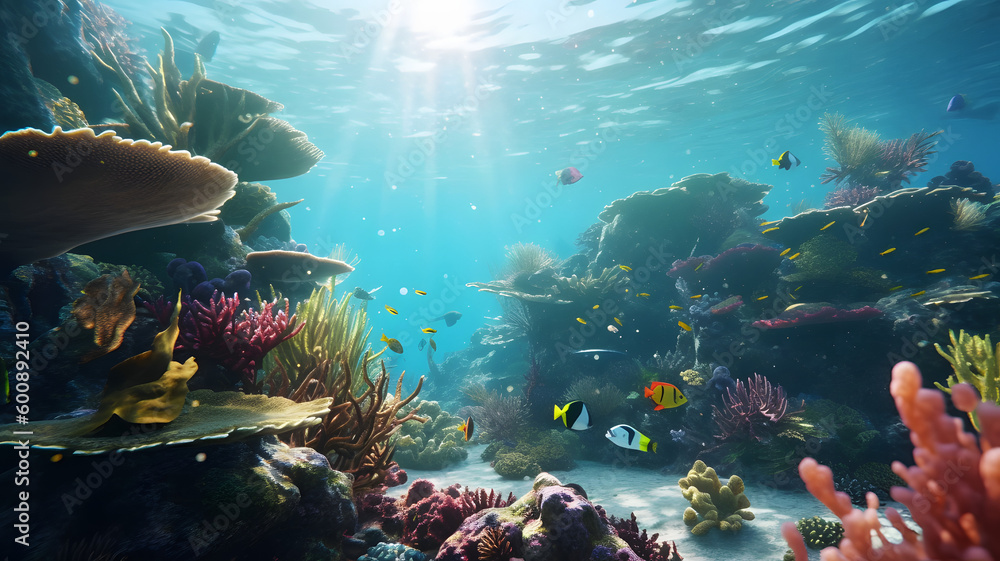 Underwater life of the ocean. Coral reefs. Fish.