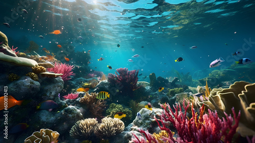 Underwater life of the ocean. Coral reefs. Fish.