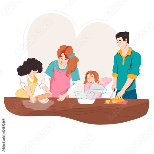 happy family cooking together.Vector illustration. Digital detox day, family day, siblings day.