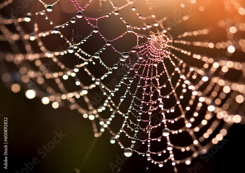 Macro Shot of Spider Webs with Water Drops. Generative AI. © ern