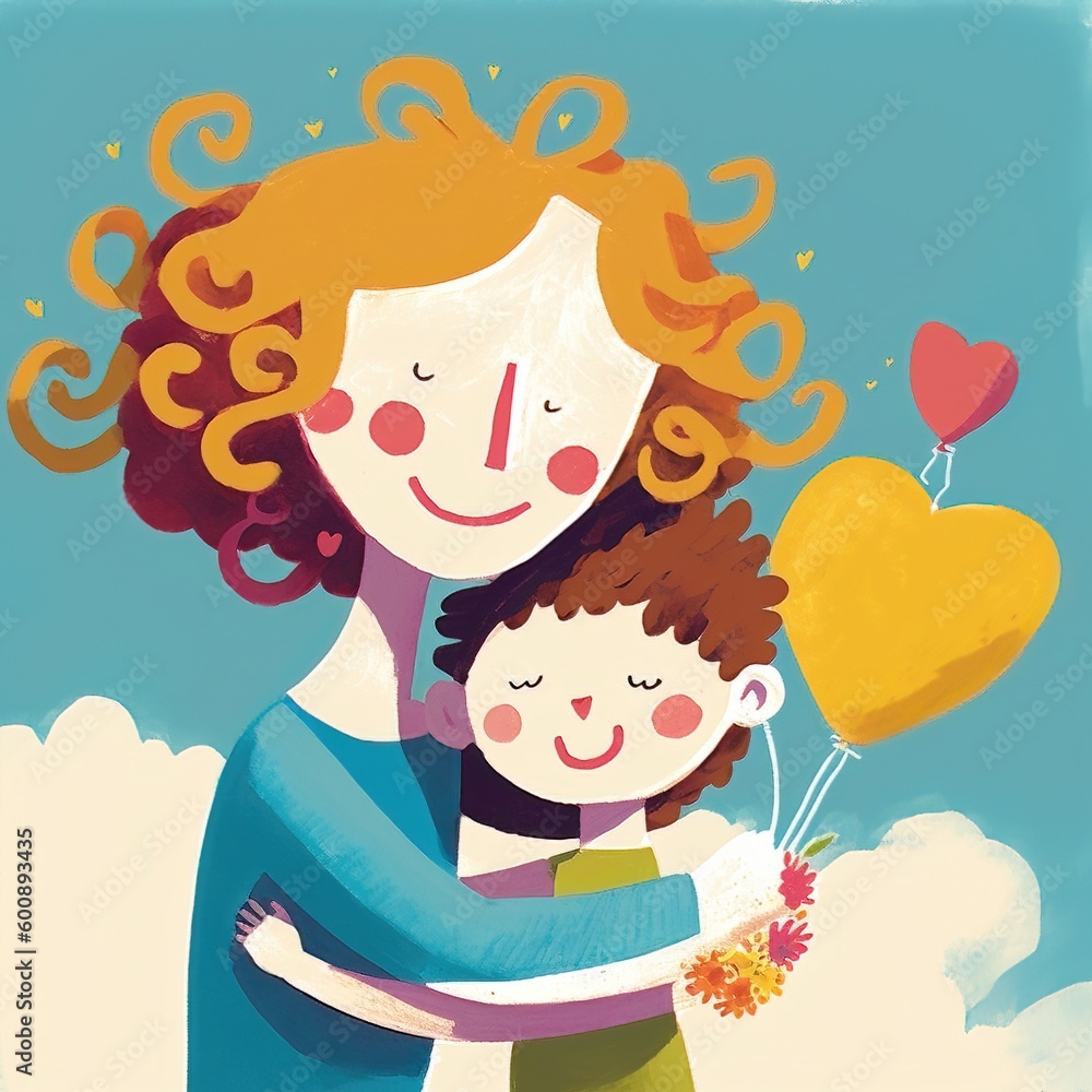 A mother and her son hugging each other. A mother's day special Generative AI illustration. A mother and her son hugging each other. A mother's day special Generative AI illustration.
