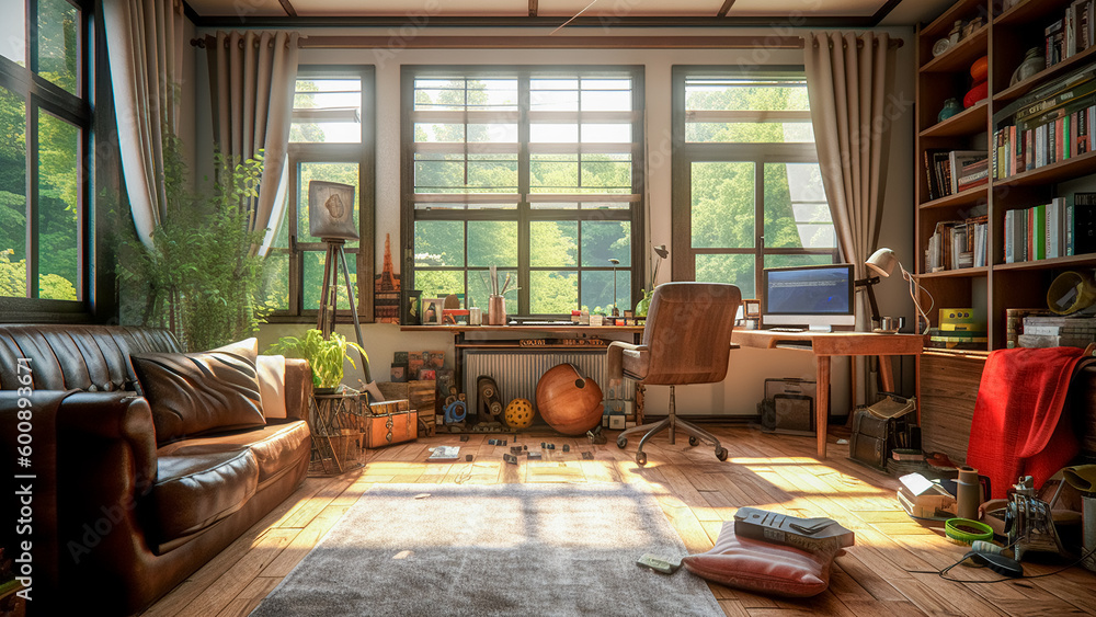 An Office with a Couch and Desk, in the Style of Highly Detailed Environments. AI Generated Image. An Office with a Couch and Desk, in the Style of Highly Detailed Environments. AI Generated Image.