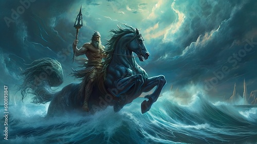Poseidon, the Fierce Deity of the Seas and Weather in Greek Mythology by Generative AI