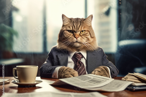 Funny cat dressed as businessman, wearing formal suit and tie, sitting at their office desk, looking serious. Generative AI