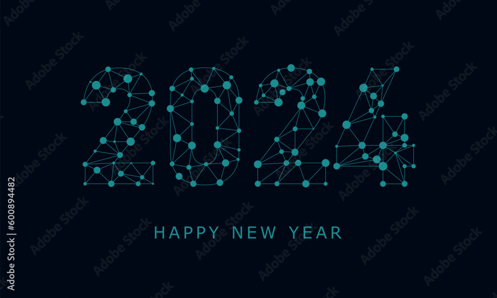 2024 new year text design with modern numbers. Graphic background communication structure with connected dots lines. Vector illustration