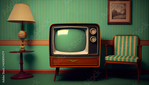 Retro television from the fifties, old fashioned vintage room with armchair, generative AI