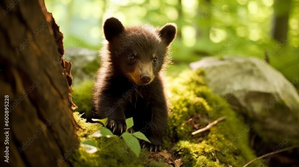 Fototapeta premium A baby bear cub exploring its environment. AI generated