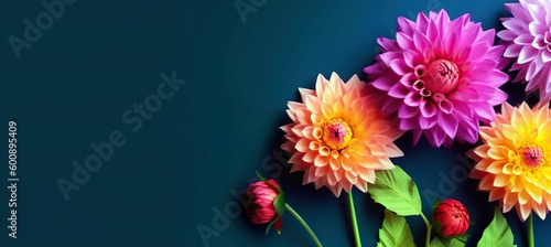 Colorful flowers against a blue background. Generative AI