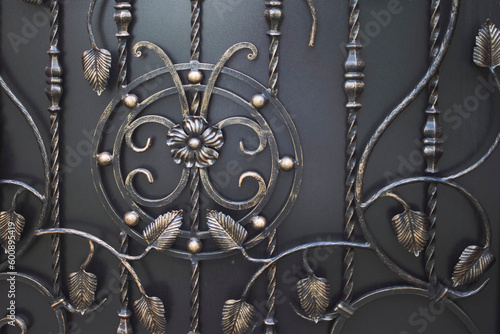 forged elements on the entrance gate. entrance gate with decorative metal patterns. a pattern with flowers and leaves made of metal in close-up.