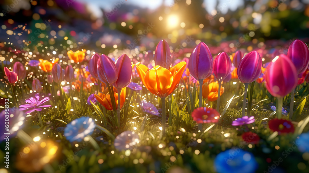 Many colorful flowers and glitter in the sun in a field. Generative AI Many colorful flowers and glitter in the sun in a field. Generative AI