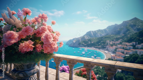An outdoor area with flowers and a view of the sea. Generative AI