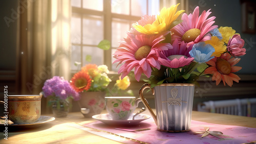Flowers and tea on a table and window, in the style of luminous 3D objects. Generative AI