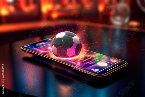 Fototapeta Naklejka Na Ścianę i Meble -  Virtual sports betting on soccer using smartphone, currency and ball. Generative AI