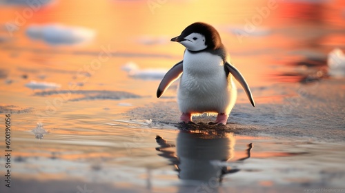 A baby penguin learning to waddle on the ice. AI generated