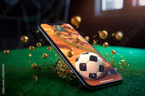 Virtual sports betting on soccer using smartphone, currency and ball. Generative AI photo
