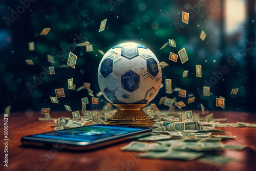 Virtual sports betting on soccer using smartphone, currency and ball. Generative AI
