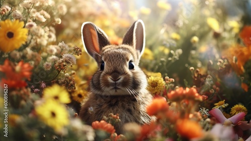A baby rabbit bouncing through a field of flowers. AI generated © ArtStage