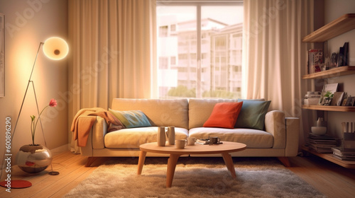 Modern bright friendly living room in front of a window with cushions in front of it, a coffee table on a carpet, the city backdrop can be seen through the window © bmf-foto.de
