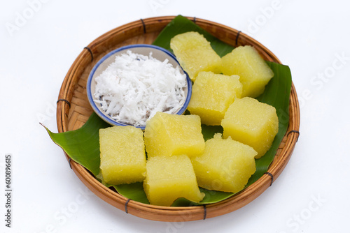 Steamed tapioca cake or cassava cake with grated coconut