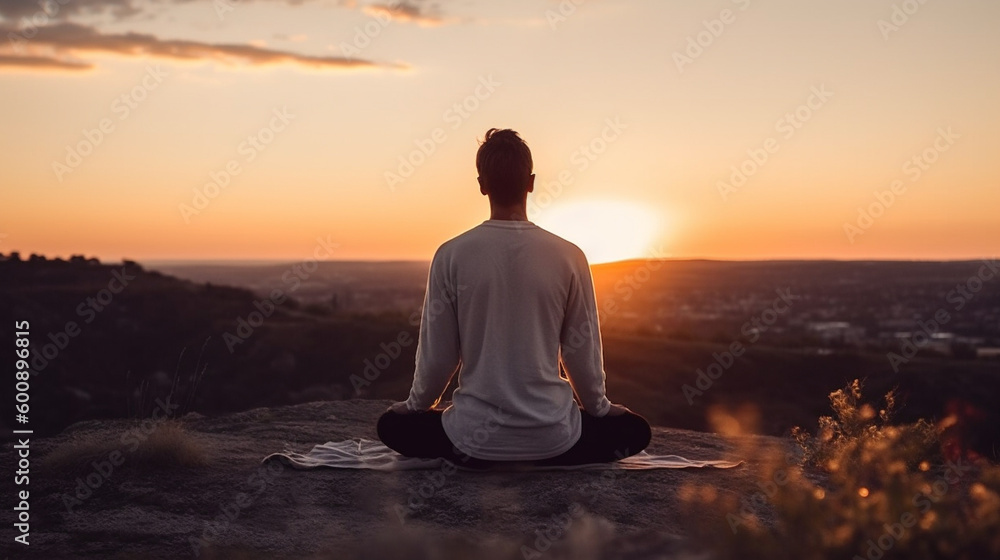 Back view of a man sitting in yoga pose in the sunrise with a mountain range in front of him
