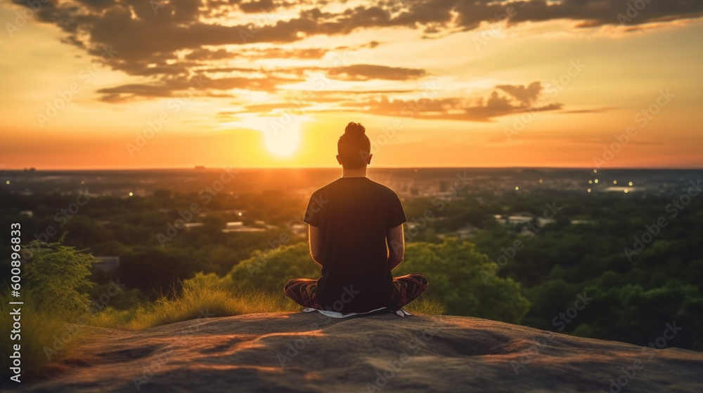 Back view of a man sitting in yoga pose in the sunrise at a view point over a forest and some buildings 