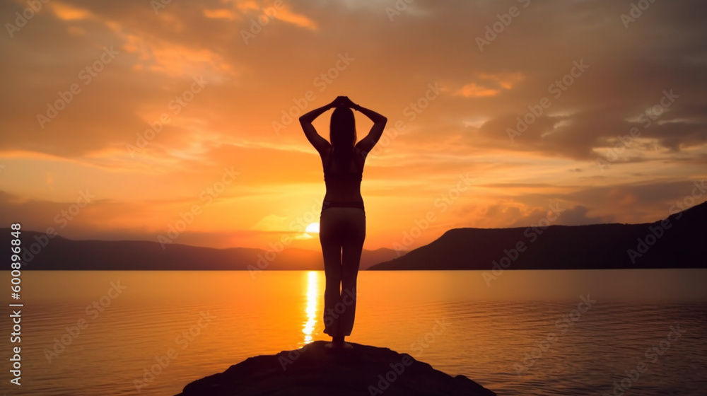 Back view of a womanstanding in yoga pose in the sunrise with a lake in front of her hands crossed over her head